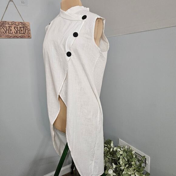 Sleeveless White Swim Coverup Tunic Dress Black Button Accents Crossover Neck - Picture 5 of 12